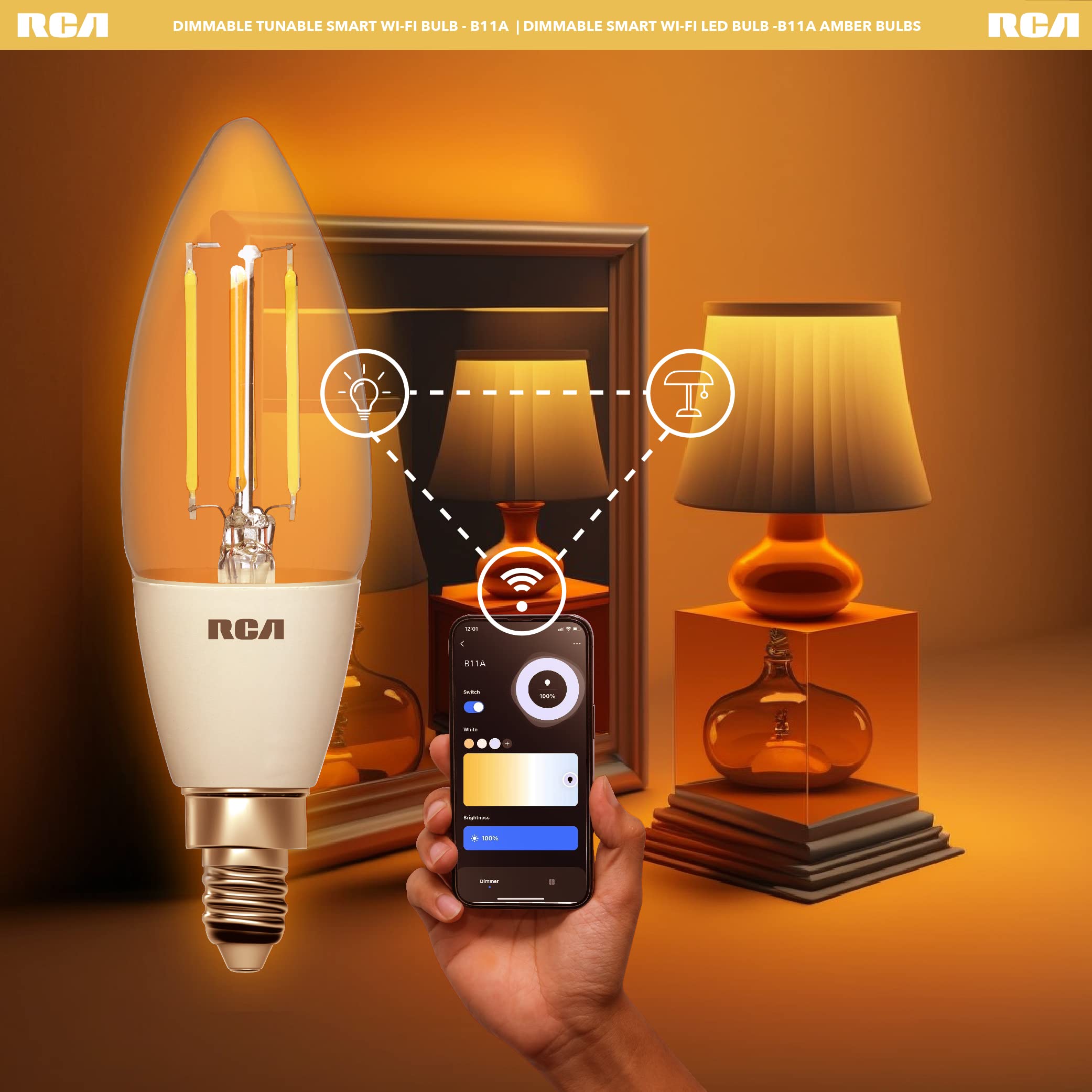 RCA WiFi Smart Light Bulbs | Amber B11 Vintage LED Light Bulb Compatible with Google and Alexa Devices for Home | 4W (40W Eq), 320 LM | Control from Anywhere w/Smartphone | Dimmable & Tunable