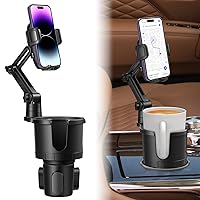 2 in 1 Large Cup Holder Phone Mount Extender for Car with Expandable Base, Multi CupHolder Expander for 18-40oz Drink Bottles, Mug and Phone Holder with 360 adjustable Arm Fits All iPhone & Smartphone