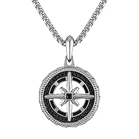 Bulova Jewelry Men's Marine Star Stainless Steel with Black Diamonds Compass Pendant, Stainless Steel Rounded Box Link Chain,Length 24