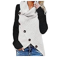 Turtleneck Sweater,Solid Cross Slit Front Button Pullover Irregular Long Sleeve Knit Tops Autumn Winter Warm Knitwear
