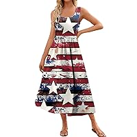 Women's July 4th Patriotic Maxi Dress 2024 Summer Sleeveless Square Neck Flowy Long Beach Sundresses with Pockets