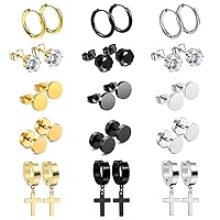 OIDEA 12/14/15/18 Pairs Earrings for Men: Stainless Steel Mens Earrings Stud Cross Dangle Hoop Earrings Set Jewelry Gift for Men Women