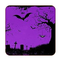 Purple Halloween Bats Tree Tomb Drink Coasters Set of 6 Coasters with Microfiber Leather Base for Glass Cups Mug Coffee Cup