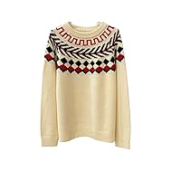 Classic Women's Crewneck Jacquard Long-Sleeved Pullover Sweater White Sweaters