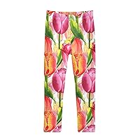 Watercolor Flower Tulip Leggings for Girls Stretch Pants Girls Leggings Ankle Length Leggings for Kids 4-10 Years