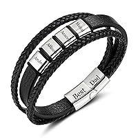 Mens Bracelet Personalized Custom Braid Leather Bracelets with 2-5 Names Engraved Black/Silver Beads Customized Bracelet for Dad