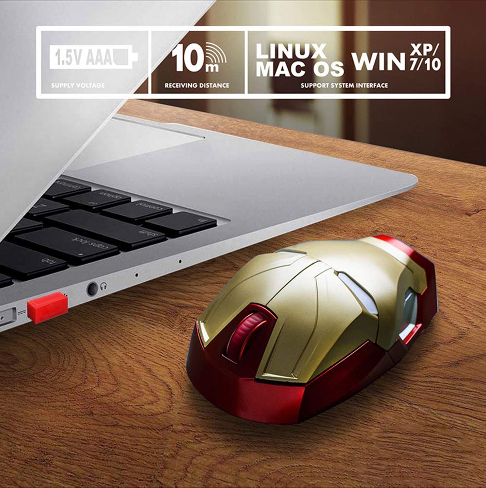 Cool Wireless Mouse Iron Man Black Panther Star Lord Ant Man Tree Man Gaming Mice with USB Unifying Receiver 1200 DPI for PC and Laptops (Iron Man Gold)