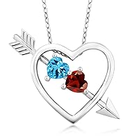 Gem Stone King 925 Sterling Silver Swiss Blue Topaz and Red Garnet Heart and Arrow Pendant Necklace For Women (1.11 Cttw, Gemstone Birthstone, with 18 Inch Silver Chain), Metal Gemstone, topaz and