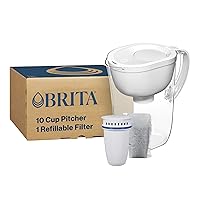 Brita Refillable Water Filtration System with Large 10 Cup Pitcher, Tahoe, White, and 1 Refillable Filter
