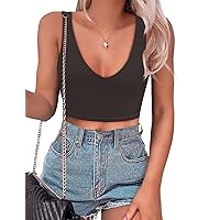 SAUNGKUAI Women’s Summer Slim Fitted Sexy Deep V Neck Sleeveless Backless Double Lined Crop Tank Tops