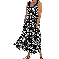 Women's Cotton Linen Casual Loose Pockets Long Dress Floral Printed Sleeveless Tank Dress