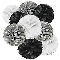 Wrapables® Set of 9 Tissue Pom Pom Party Decorations for Weddings, Birthday Parties Baby Showers and Nursery Decor, Black/Silver/White