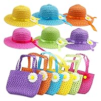 6Sets Girls Tea Party Straw Sun Hat and Purse Kids Party Birthday Travel Gift