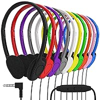 Maeline Bulk On Ear Student Headphones with Microphone for Library, School, Classroom, Airplane, Kids Online Learning and Travel, 3.5 mm Headphone Plug - 200 Pack - Multi Color