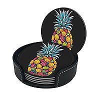 Colorful Pineapple Print Coaster,Round Leather Coasters with Storage Box for Wine Mugs,Cold Drinks and Cups Tabletop Protection (6 Piece)