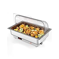 Rectangular Chafing Dish Electric Buffet Set with Temperature Control, 9QT Roll Top Stainless Steel Food Servers and Warmers with Transparent Lid for Catering Wedding and Parties