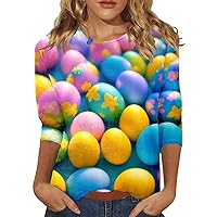 SNKSDGM Women Easter T Shirts 3/4 Sleeve Blouse Cute Bunny Ears Printed Graphic Tees Crewneck Holiday Casual Shirts