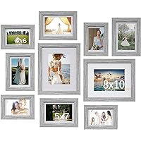 Picture Frames Set of 10 Gray Wood Grain, Bulk MDF Frames for 8x10, 5x7, 4x6 Photos Real Glass for Wall or Tabletop
