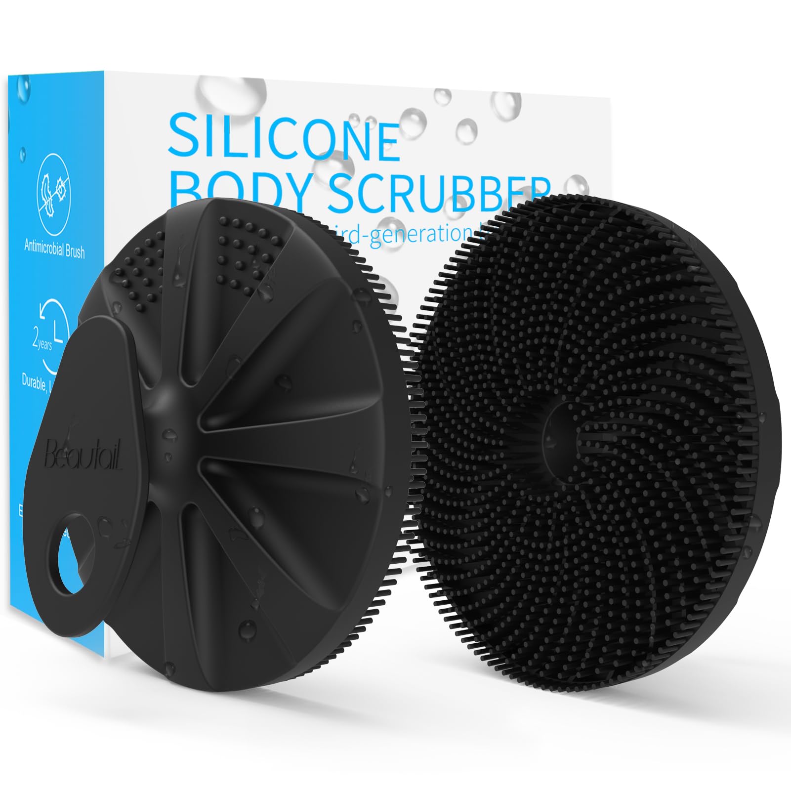 BEAUTAIL Silicone Body Scrubber, Upgrade 3rd Generation Shower Bath Brush, Lather Nicely, Soft Massage Body, More Hygienic Than Traditional Loofah, Gentle Exfoliating for Sensitive Skin, 1 Pack, Black
