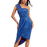 GRACE KARIN Womens Sequin Dress Sparkly Glitter One Shoulder Party Club Dress Wrap Hem Ruched Cocktail Dresses