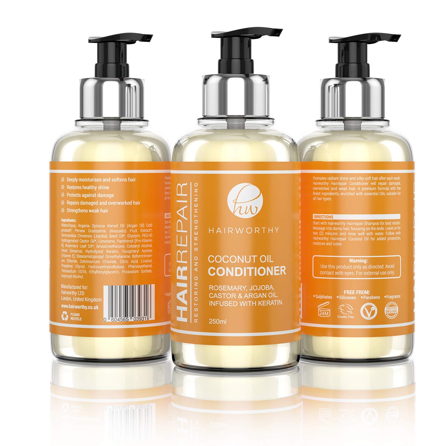 Hairworthy Hairrepair Coconut Oil Conditioner - ROSEMARY, JOJOBA, CASTOR & ARGAN OIL. INFUSED WITH KERATIN.