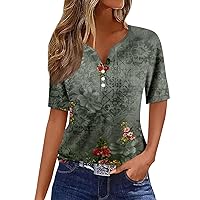 Womens Henley,Womens Tops V Neck Henley Button Sequin Floral Print Y2K Tee Shirts Fashion Button Down Boho Hawaiian Blouse Blouses for Women Casual