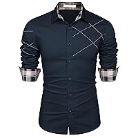 Men's Cotton Dress Shirts Long Sleeve Plaid Collar Shirt Slim Fit Casual Button Down Shirt