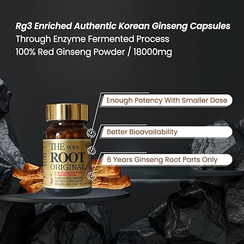 Korean Red Ginseng Capsules, Natural Energy Supplements for Immune Support, Stress Relief, Focus and Mental Clarity, The Root Original Enriched with Pure Ginsenosides Rg3