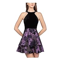 B Darlin Womens Purple Zippered Embroidered Velvet Flocked Ruffled Satin Floral Sleeveless Halter Mini Party Fit + Flare Dress Juniors 3