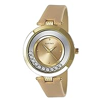Ellen Tracy Womens Watch Stainless Steel with Floating Stones & Leather Band (Gold)