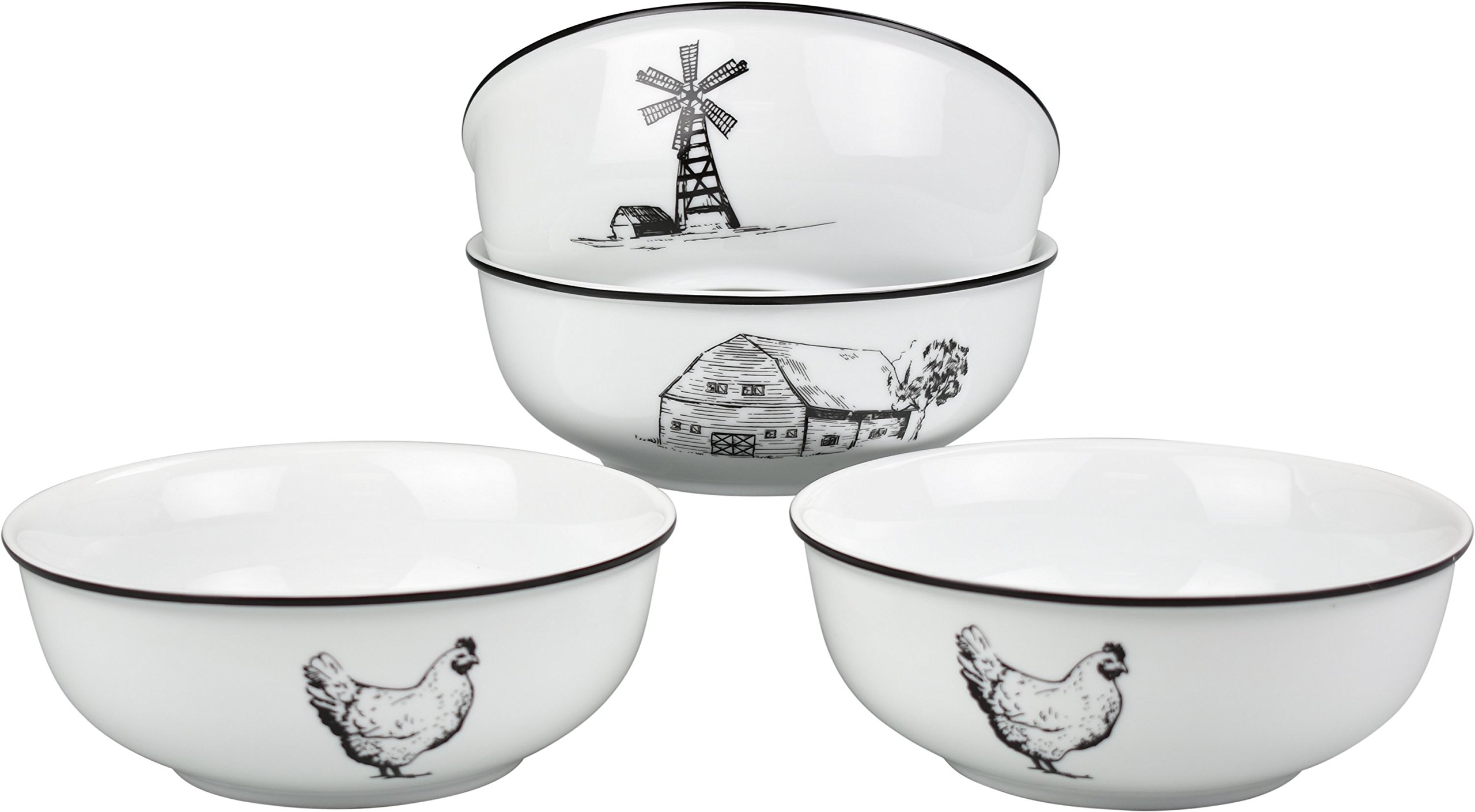 O-Ware White Porcelain Cereal Bowl with Assorted Farm Design, Set of 4