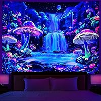 Dermijer Blacklight Tapestry Fantasy Mushroom Flower Tapestry UV Reactive Waterfall Forest Tapestry Moon Night Neon Landscape Wall Hanging for Home Decor W59.1×H51.2
