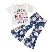 Toddler Girl Bell Baseball Pattern Bottom Outfits Short Sleeve T-Shirt Flare Pants Set Baby Girl Summer Clothes