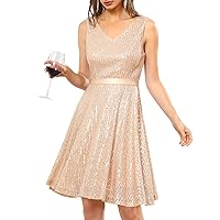 DRESSTELLS Cocktail Party Dress, Women's Sequin Sparkly Wedding Guest Dress, Glitter Sexy Prom Short Dress for Teen