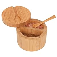 Bamboo Salt and Pepper Bowls, Divided Salt Cellar With Swivel Lid and Spoon, Seasoning Containers With Magnetic Lid to Keep Dry, Mini Spoon Built Into Top(Small)