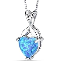 PEORA Created Blue Fire Opal Heart Pendant Necklace for Women 925 Sterling Silver, Designer Solitaire, 1.50 Carats Heart Shape 9mm, with 18 inch Chain