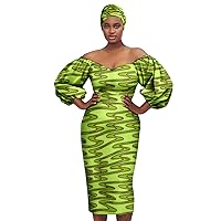 2022 Dashiki African Dresses for Women, V-Neck, Knee-Length, Cotton, Latern Sleeve, Slim Print Dress with Turban Headtie