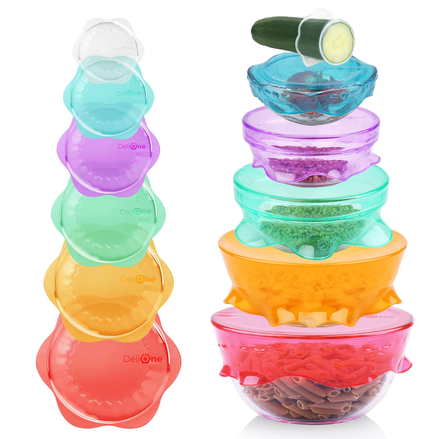 DeliOne Silicone Stretch Lids for Kitchen Food Storage – Durable,Reusable + Expandable Bowl Covers for Cup or Square Containers, Freezer, Microwave,and Dishwasher Safe,Mixing Size,Assorted Colors