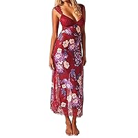 Women Long Bodycon Dress Floral Print Lace Patchwork Cutout V-Neck Sleeveless Dress Summer Slit Backless Party Dress