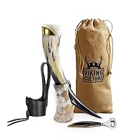 16 Oz. Viking Drinking Horn with Beer Opener, Stand, Genuine Leather Belt Holster and Vintage Burlap Bag, Polished Finished with Authentic Medieval Norse Style