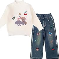 Peacolate 18M-10Y Spring Fall Winter Clothing Set Little&Big Girl Knit Turtleneck Pullover Sweater and Embroider Jeans(White,9-10Years)