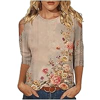 Summer Tops for Women Spring Fashion Floral Printed Cold Shoulder T-Shirts 3/4 Sleeve Blouse Round Neck Casual Top