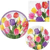 Tulip Bouquet Party Supplies | Bundle Includes Paper Plates and Napkins for 8 People | Floral Themed Party Tableware Decor