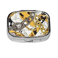 Gold and Leopard Print Chains Print Square Pill Box with 2 Compartment Portable Mini Pill Case Metal Pill Organizer Pill Container for Pocket Purse Office Travel