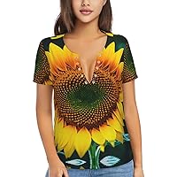 Sunflower Pattern Women's Flowy Tops,V-Neck T-Shirts, Plus Size Blouses with Short Sleeves, Suitable for Summer,Work Wear