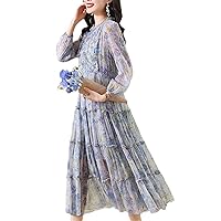 Women's Spring Real Silk Dress,Long Sleeve Floral Maxi Dress, Casual Dresses