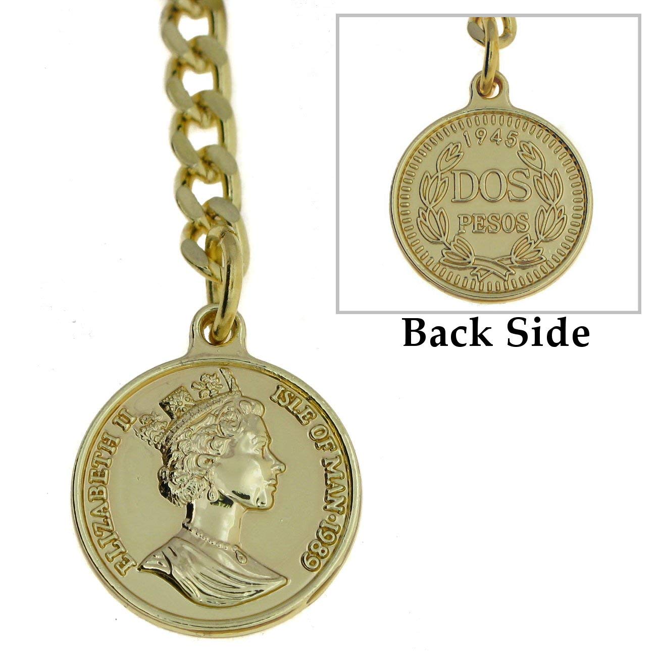 Albert Chain Gold Color Pocket Watch Chains for Men with T Bar Swivel Clasp and Queen Elizabeth II Coin Design Fob AC100