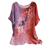 2024 Linen Tops for Women Casual Floral Print Crew Neck Ruffle Short Sleeve Loose Lightweight Tunic T Shirt Blouse