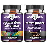 Bundle of Pure Magnesium Glycinate 400mg Per Serving for Mood Sleep and Relaxation and Ashwagandha Root Powder - Natural Supplement Capsules for Sleep Relaxation Improve Mood Increase Immune System