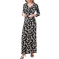 Aphratti Women's Casual Maxi Dress 3/4 Sleeve Faux Wrap V Neck Floral Print Fit and Flare Long Dresses